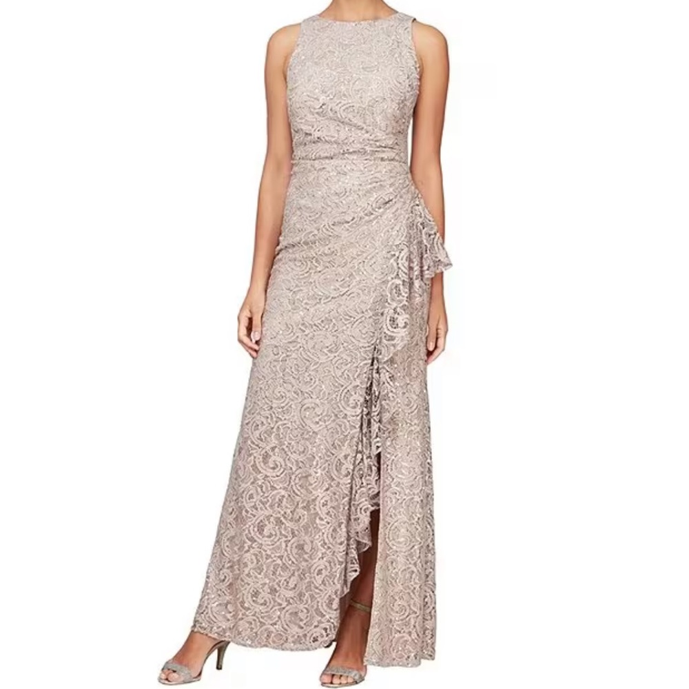 Alex Evenings Mother of the Bride Dress Sleeveless Ruffle Slit Sequin Lace